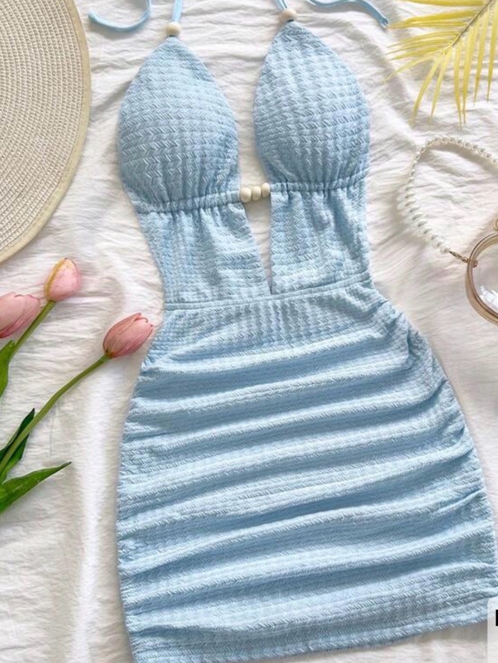 SHEIN Light Blue Textured Halter Cutout Mini Dress